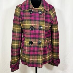 Aeropostale Pink and Olive Plaid Double-Breasted Pea Coat